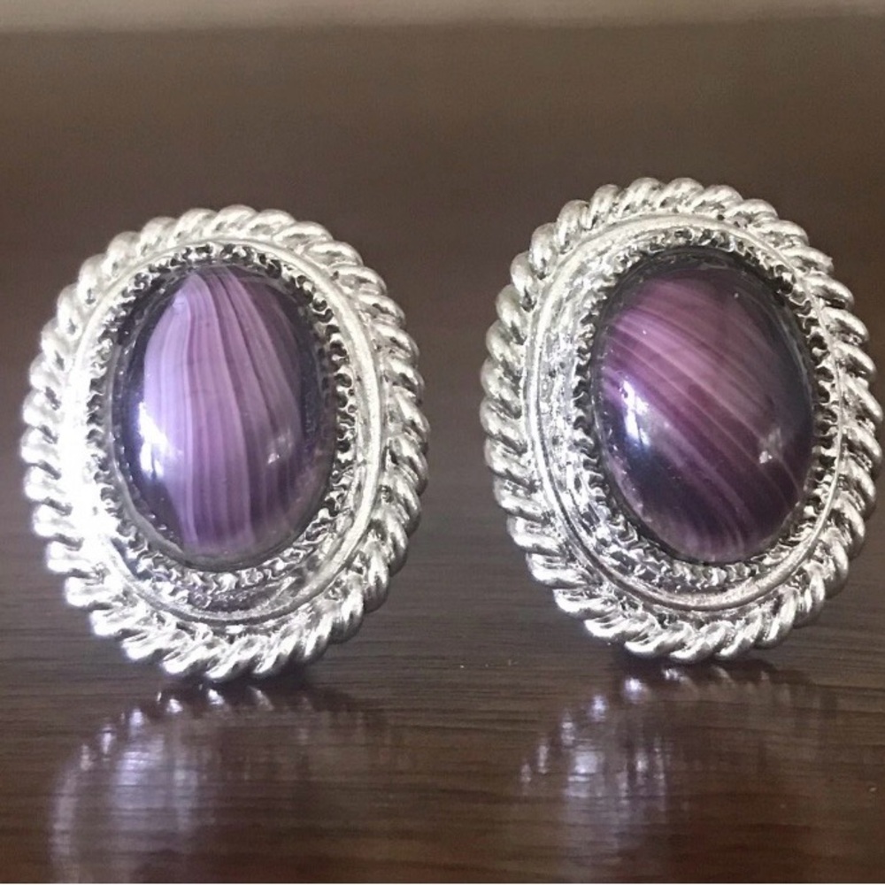 Vintage 1971 Christian Dior Germany Purple Agate Clip Earrings